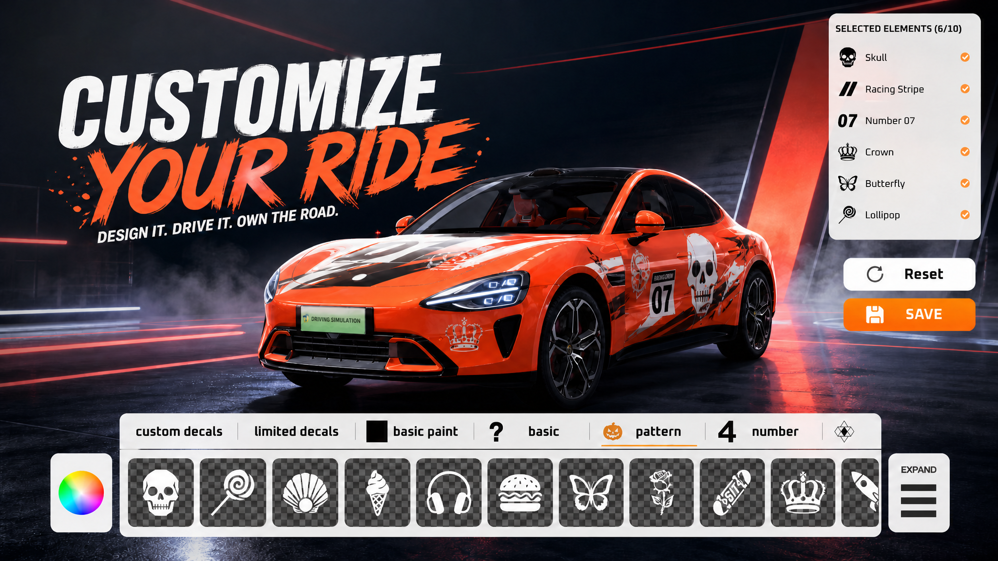 Car customization screen with decals and paint options