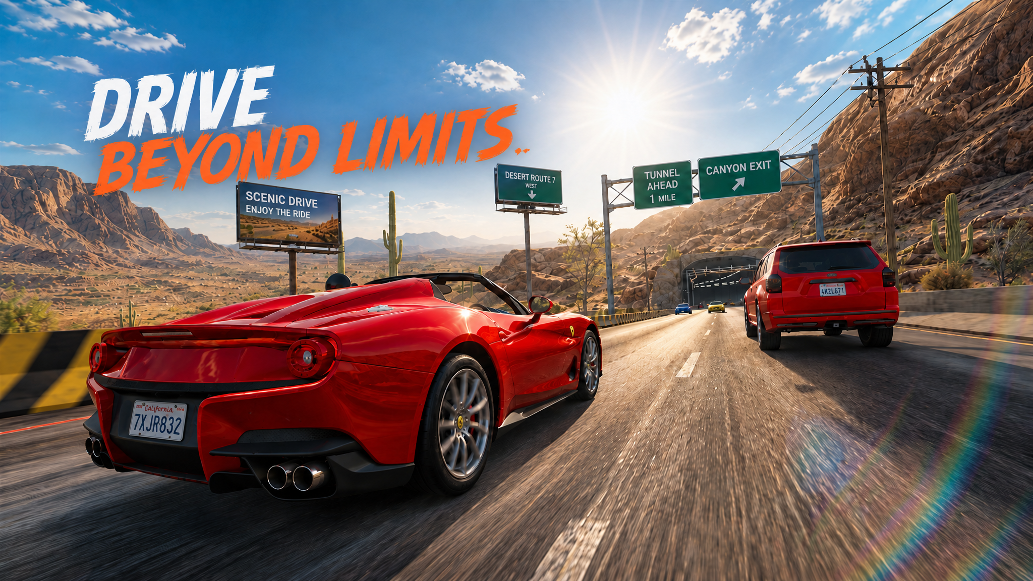 Red sports car driving through a desert road