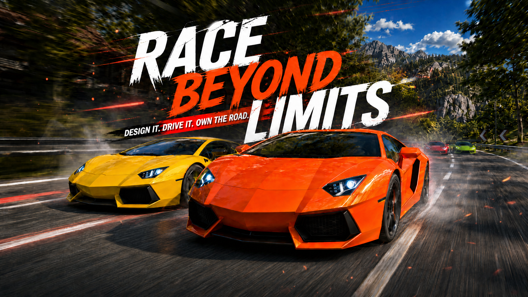Orange and yellow race cars speeding down a mountain road