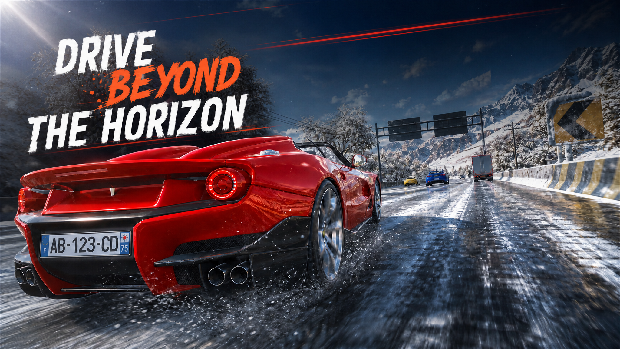 Red sports car driving on a snowy mountain road