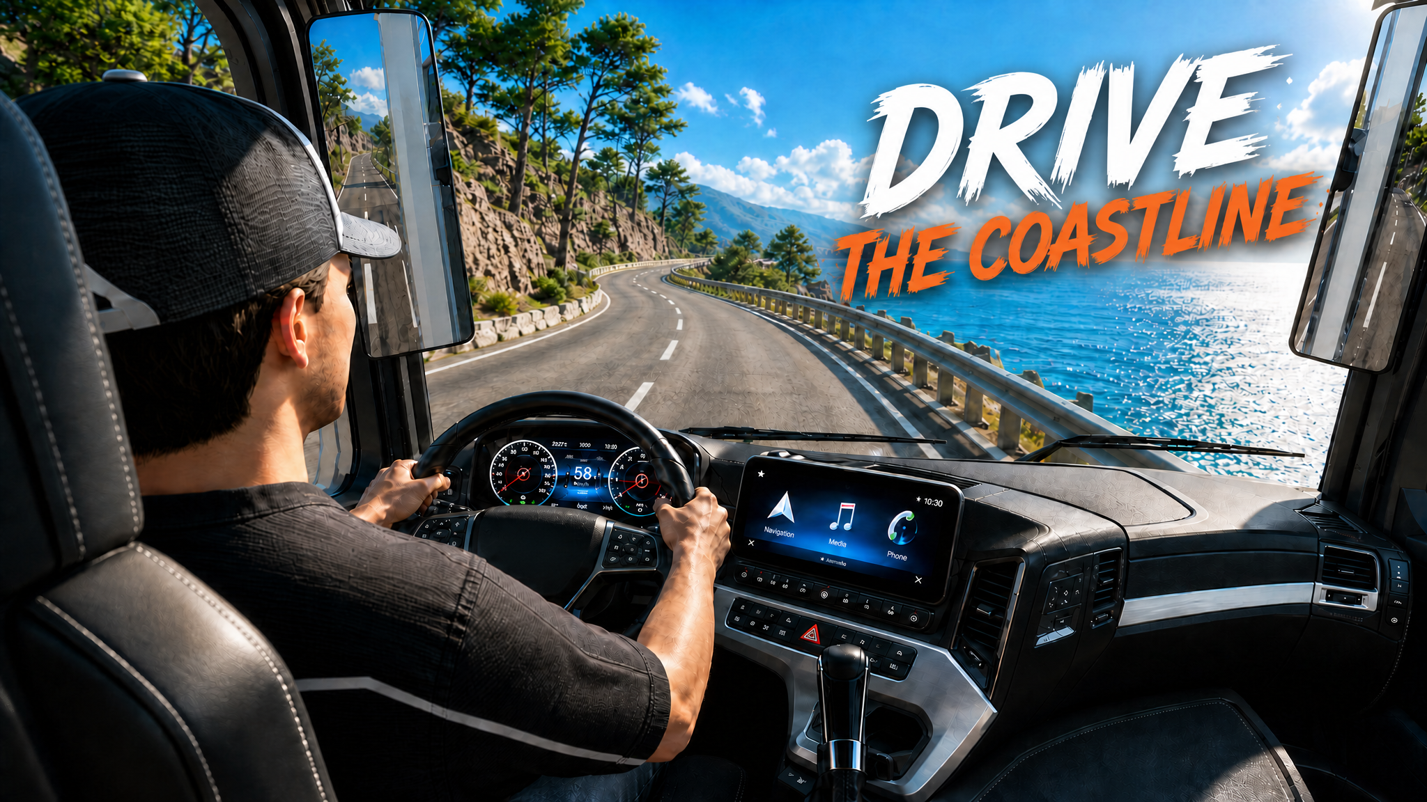 Truck driving along a coastline road
